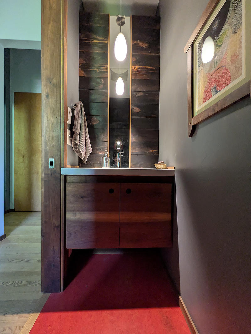 custom wanut vanity with marmoleum floor